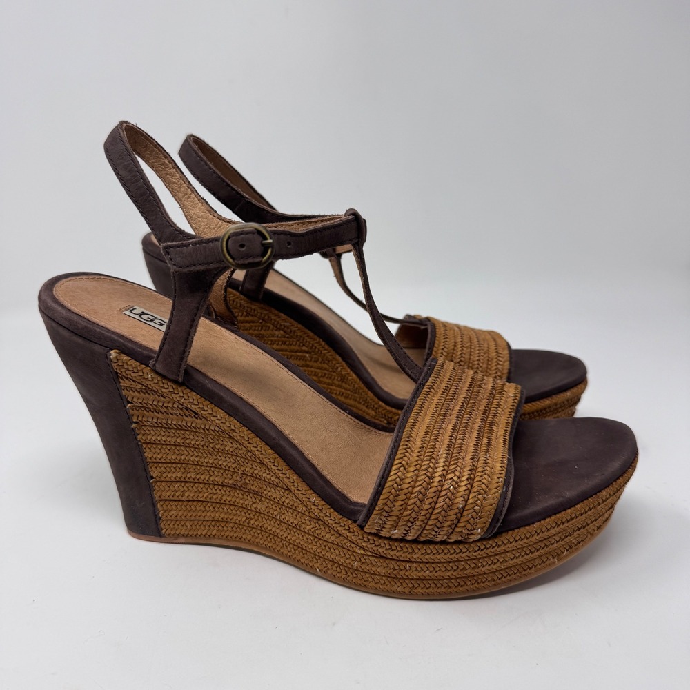 UGG Brown Wedge Sandals Women's Ankle Strap Buckle Raffia Platform Shoes